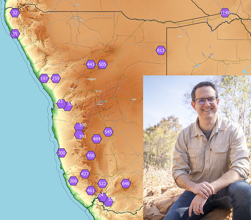 Map of Namibia with survey sites for scorpions, and the author, Ian Engelbrecht